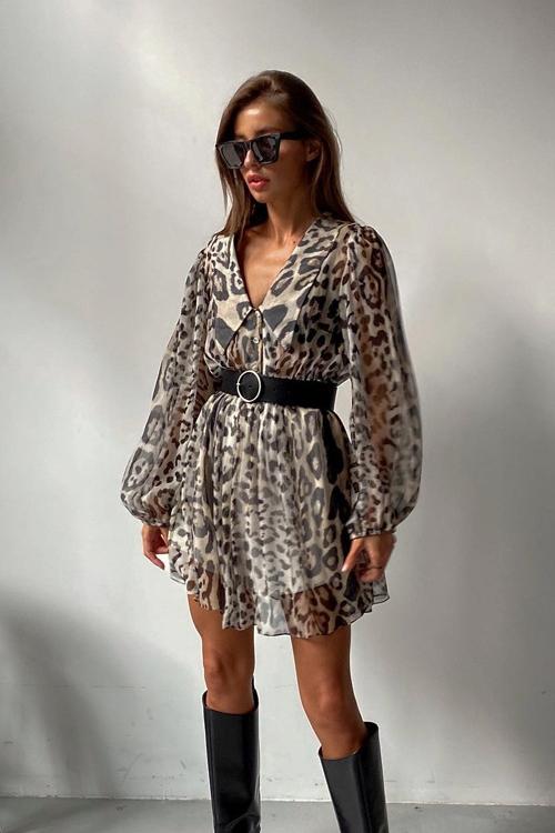 Melisa® | Printed Chiffon V-Neck Mini Dress With Belt