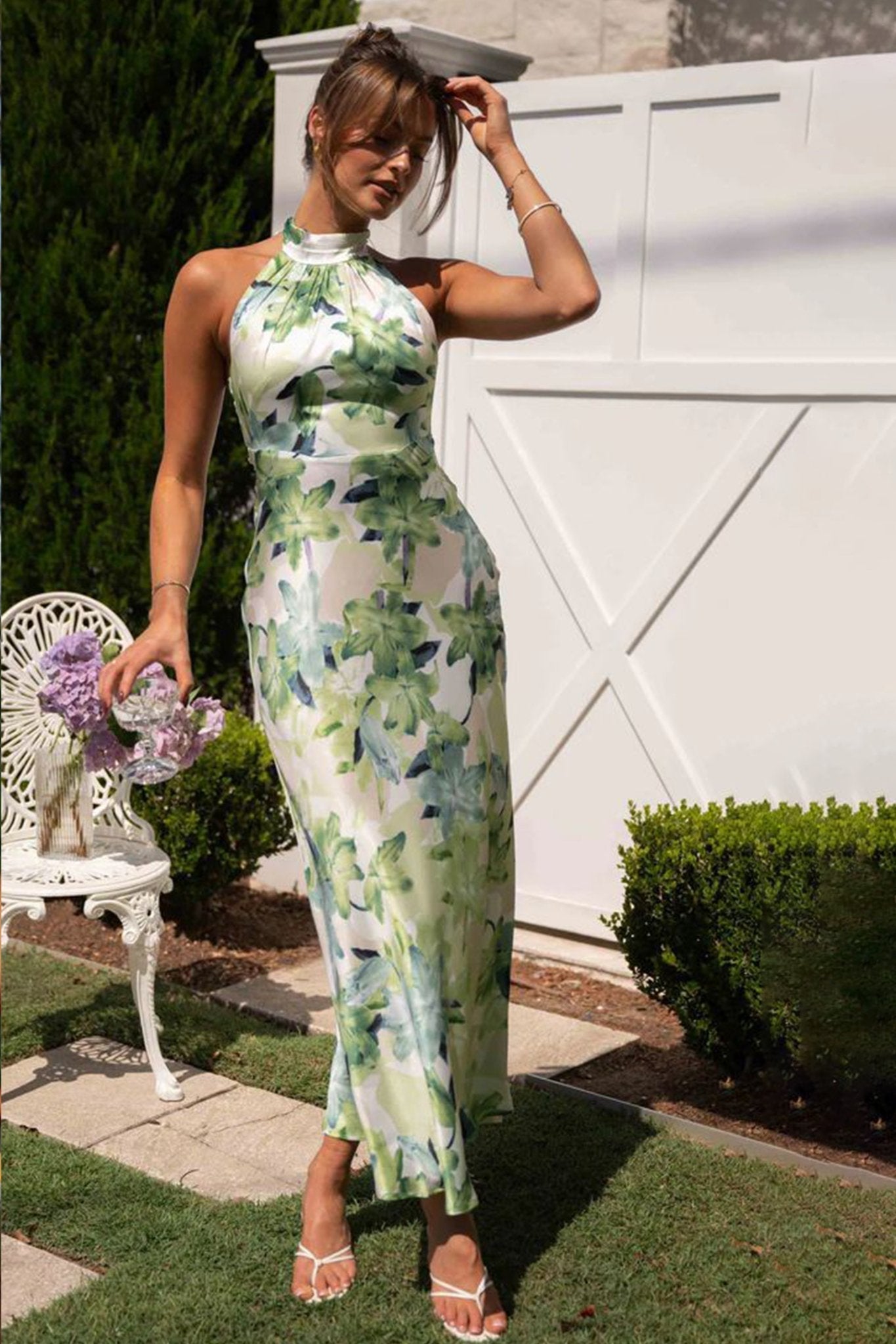 Renata® | Printed Halterneck Midi Dress In Backless Satin
