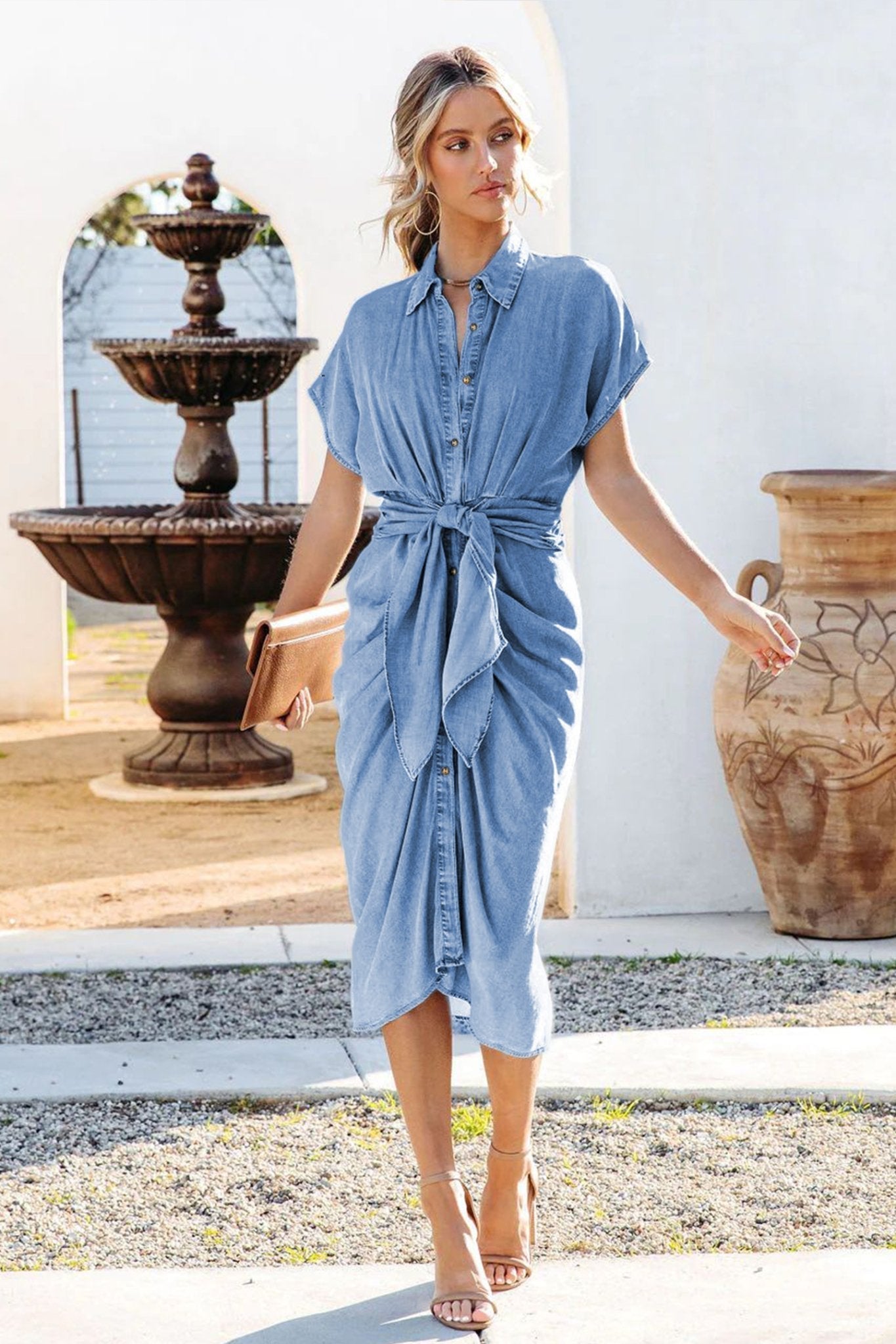 Flor® | Ruched Denim Midi Shirt Dress With Knot Detail