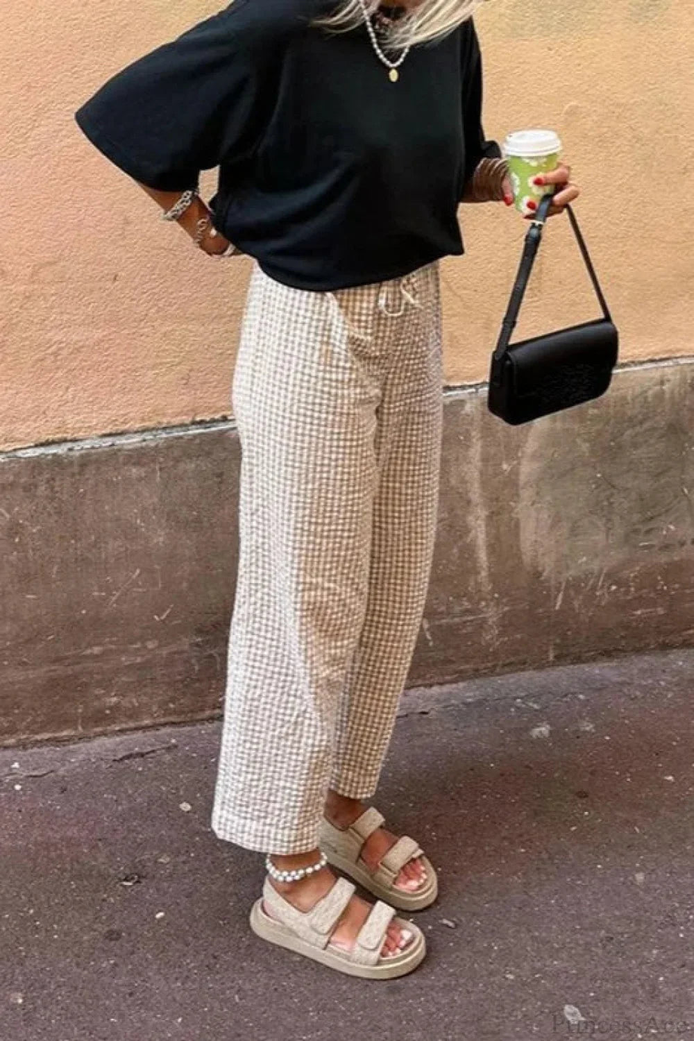 Gingham Print Elastic Waist Drawstring Lounge Pant
