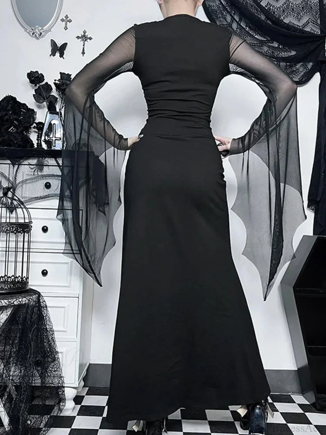 Gloomy Halloween Net Patchwork Flare Sleeve Full-Length Dress