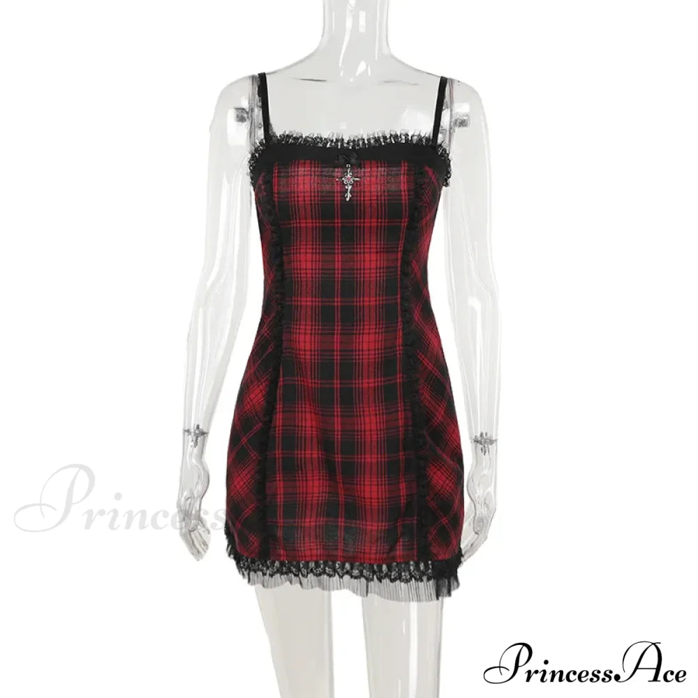 Gothic High Waist Plaid Halter Vintage Retro Grunge Aesthetics Contrast Swing Party Dress