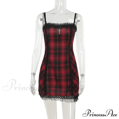 Gothic High Waist Plaid Halter Vintage Retro Grunge Aesthetics Contrast Swing Party Dress