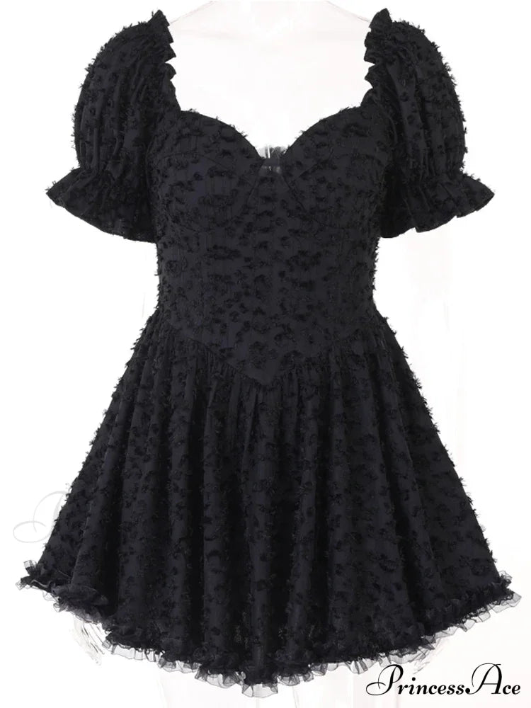 Gothic Lolita Women's Vintage High Waist Black Ball Gown Goth Puff Sleeve V-neck Dress