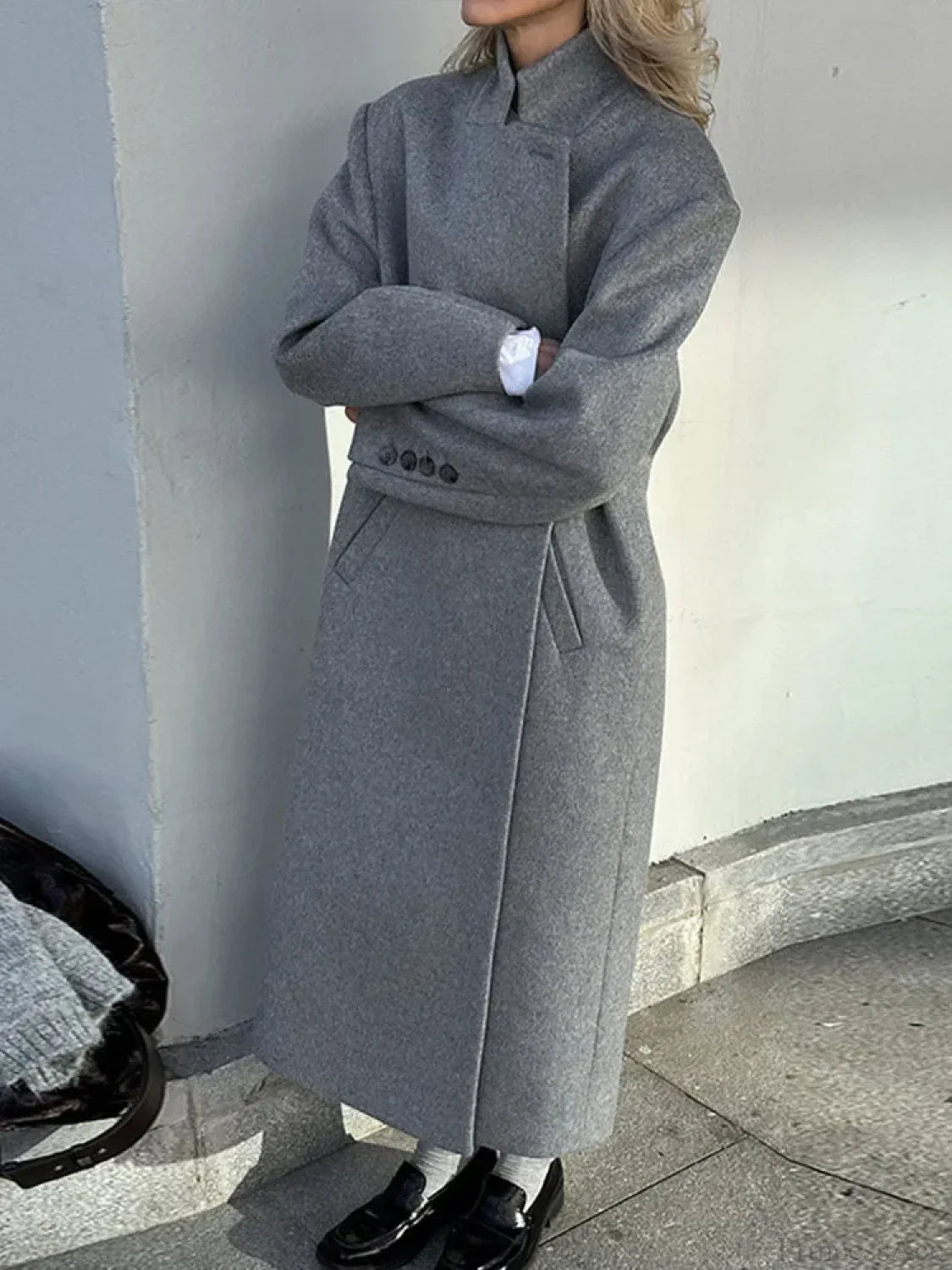 Gray Casual Wool Notched Button Up Overcoat