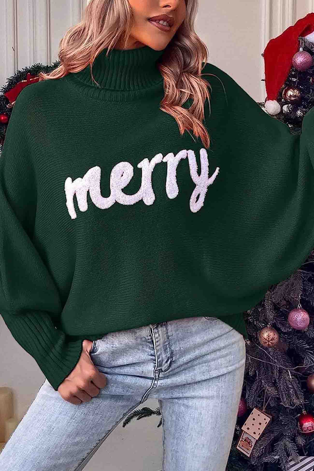Theresa | Cheerful turtleneck knit sweater with printed sleeves