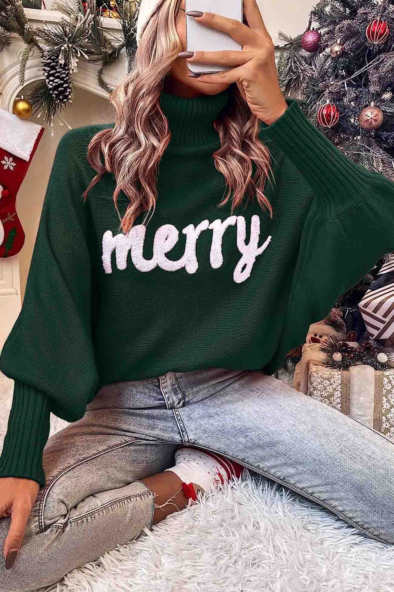 Theresa | Cheerful turtleneck knit sweater with printed sleeves