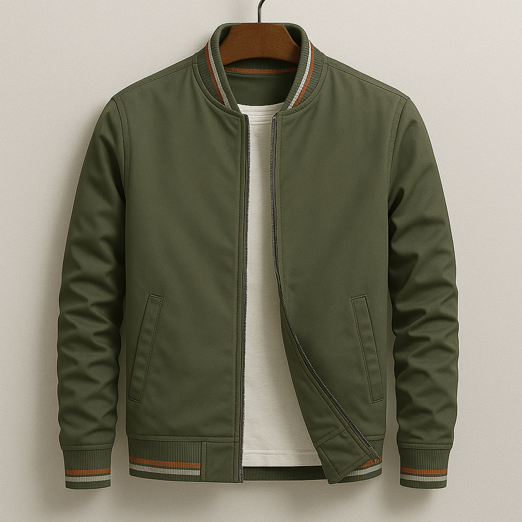 Men’s Zip Bomber Jacket With Ribbed Collar And Front Pockets