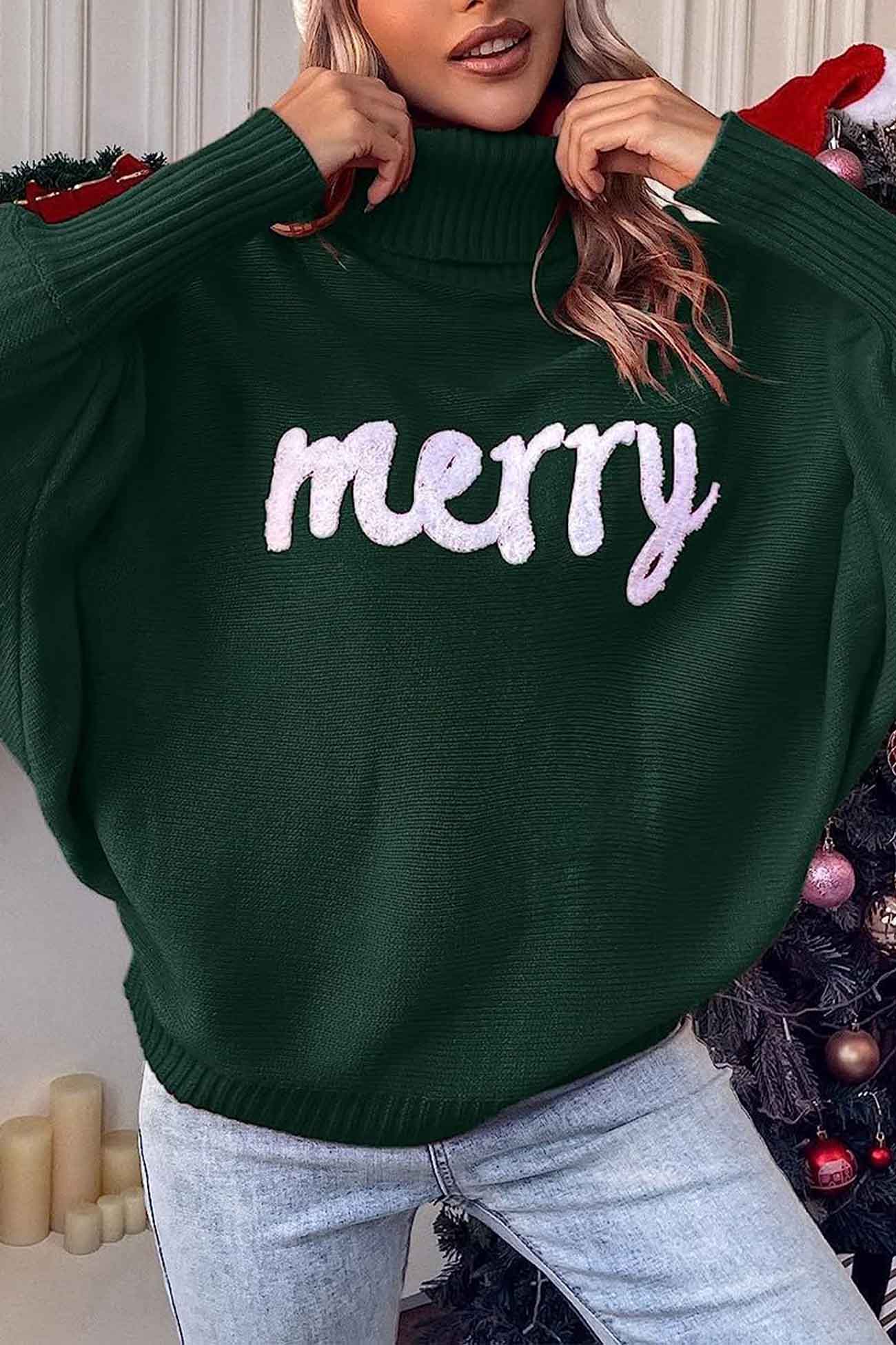 Theresa | Cheerful turtleneck knit sweater with printed sleeves