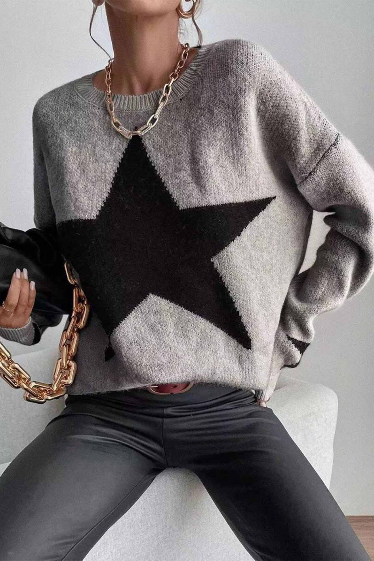 Greta | Long-sleeved knitted jumper with a crew neck and a star pattern