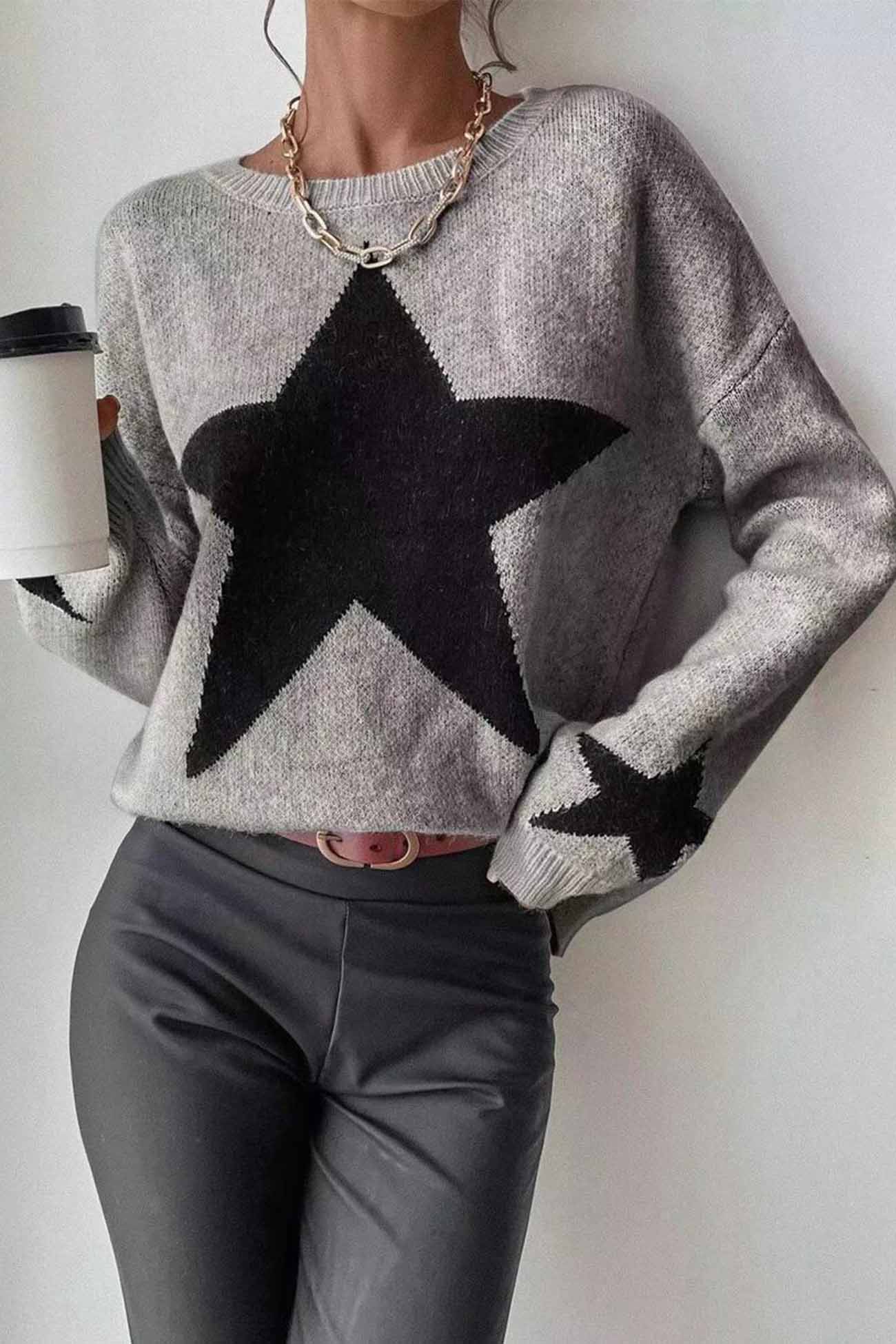 Greta | Long-sleeved knitted jumper with a crew neck and a star pattern