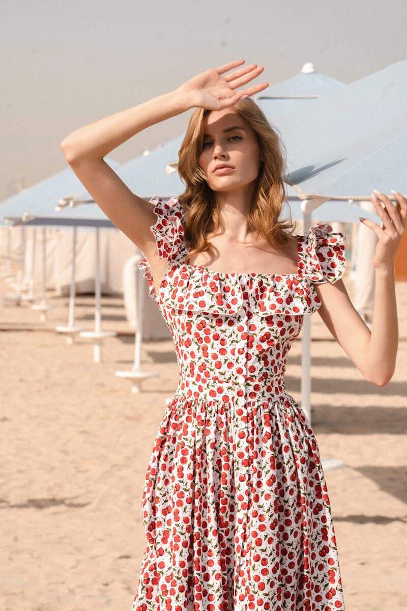 Olga® | Ruffled Cherry Print Midi Dress