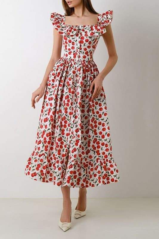 Olga® | Ruffled Cherry Print Midi Dress