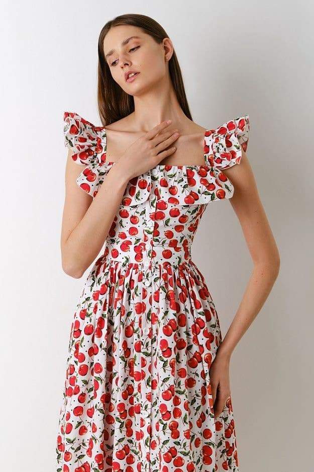 Olga® | Ruffled Cherry Print Midi Dress