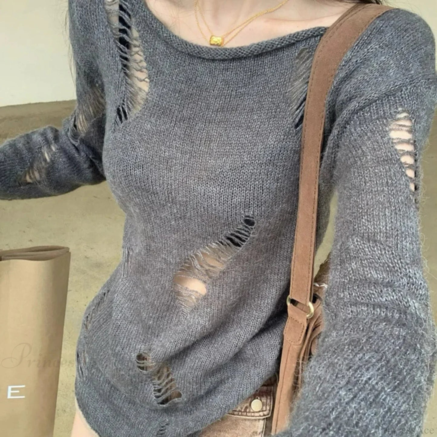 Grunge Hollow Out Knitted Sweater Slim Thin Pullover Knit Top