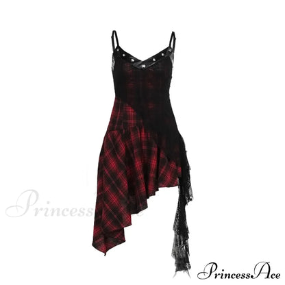 Harajuku Gothic Plaid Y2K 2000s Lace Patchwork Spaghetti Strap Streetwear V-Neck Gothic Dress