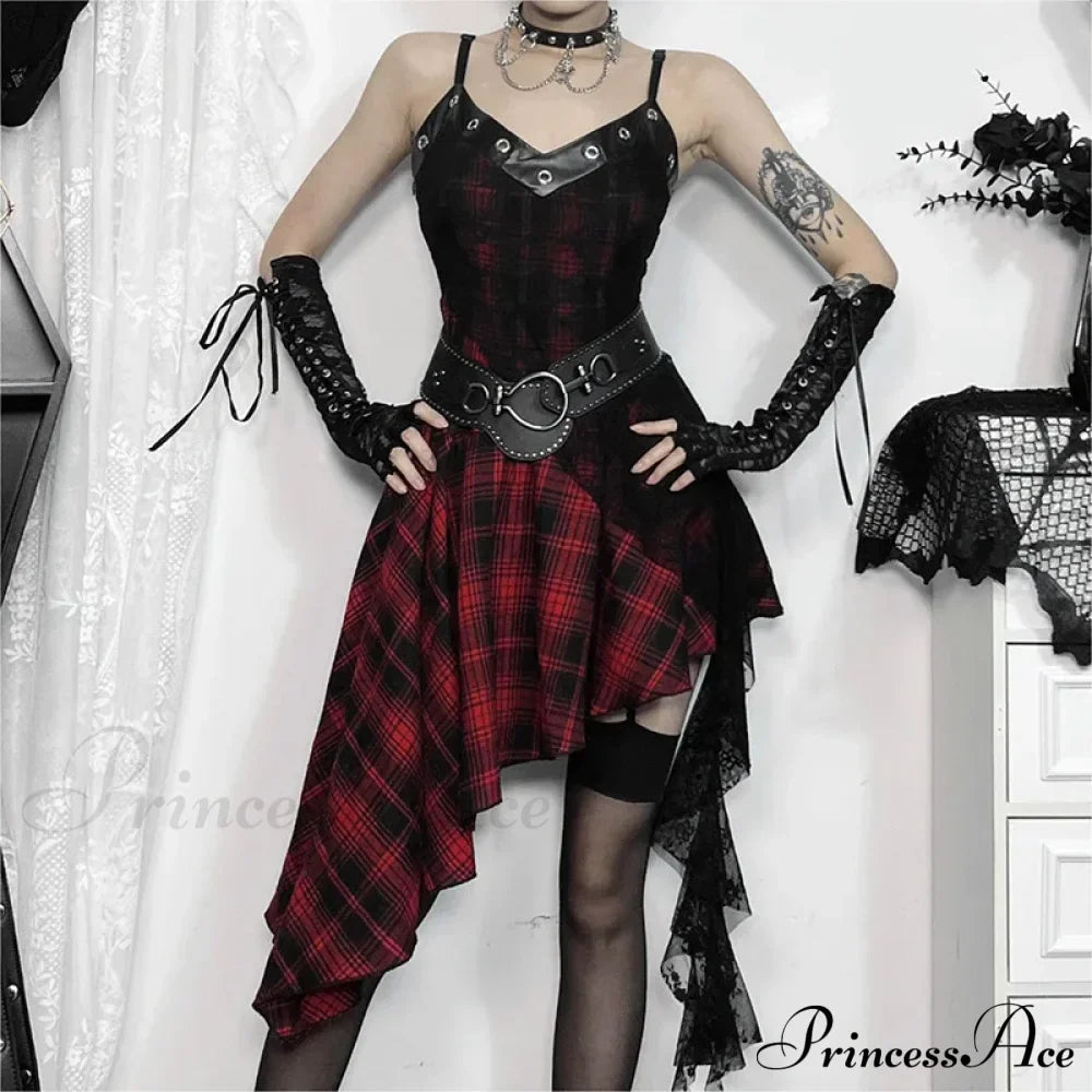 Harajuku Gothic Plaid Y2K 2000s Lace Patchwork Spaghetti Strap Streetwear V-Neck Gothic Dress
