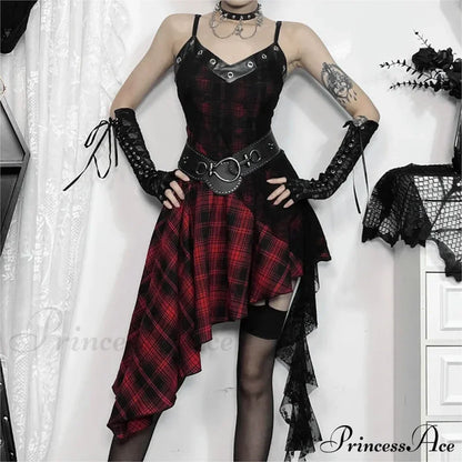 Harajuku Gothic Plaid Y2K 2000s Lace Patchwork Spaghetti Strap Streetwear V-Neck Gothic Dress
