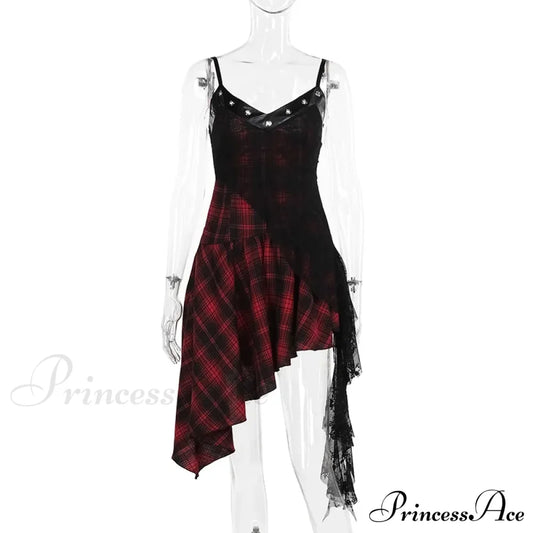 Harajuku Gothic Plaid Y2K 2000s Lace Patchwork Spaghetti Strap Streetwear V-Neck Gothic Dress