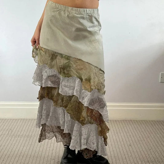 HEYounGIRL Y2K Aesthetic Lace Tiered Irregular Skirt Mori Girl