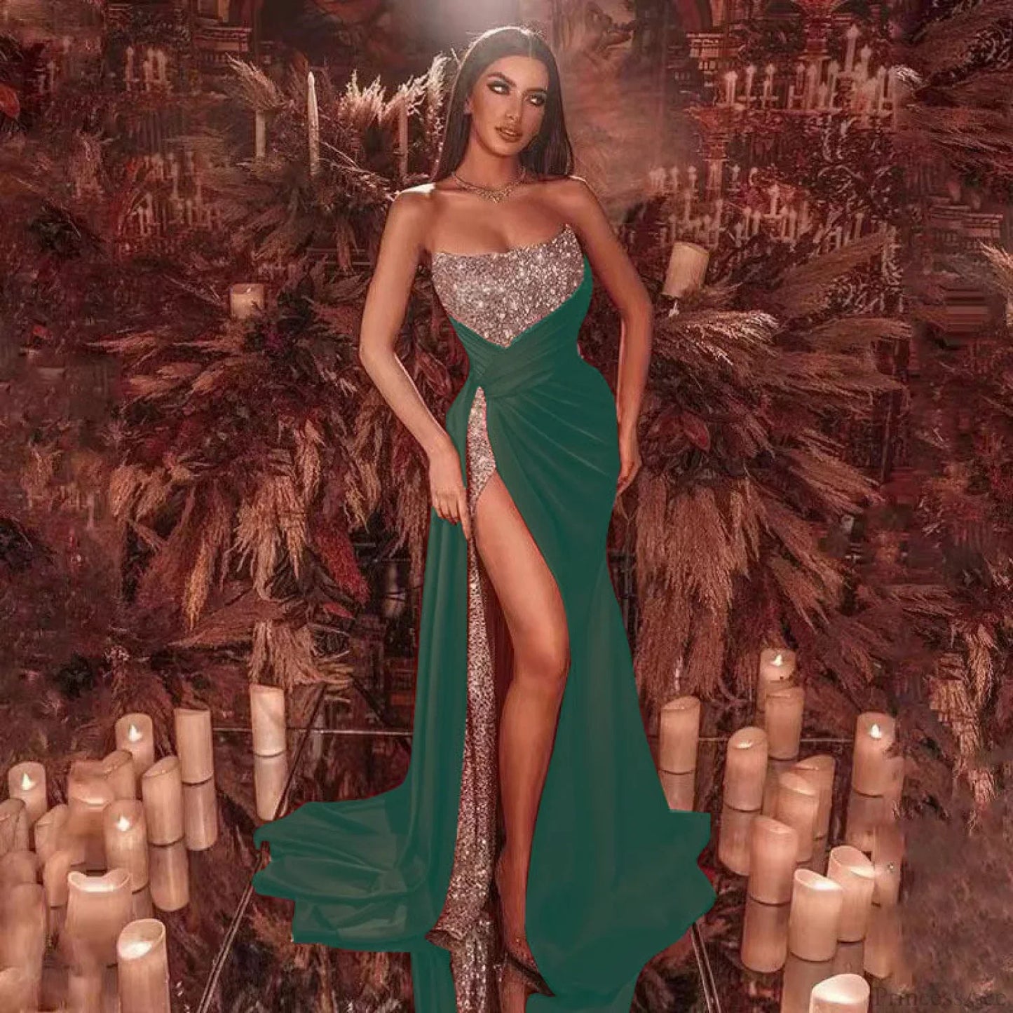 High Slit Floral Sequin Prom Dress