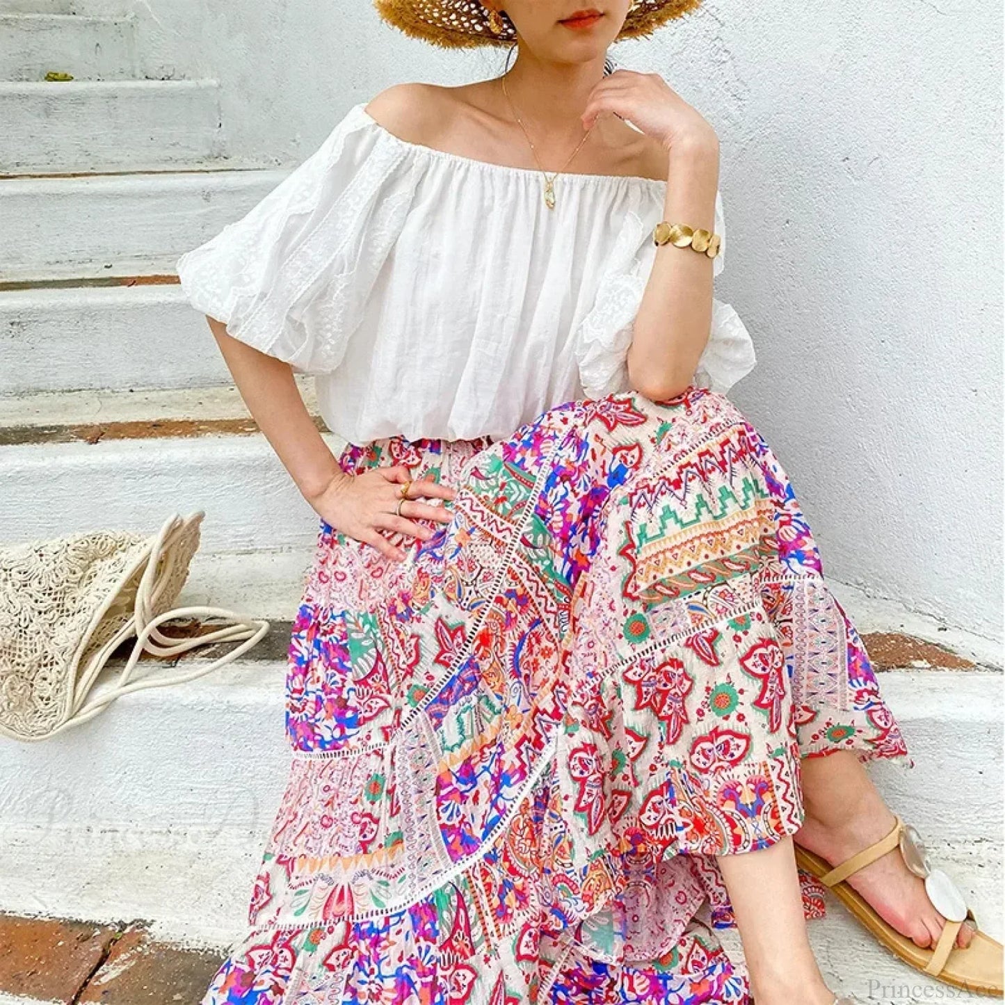 High Waist Floral Beach Skirt Lace Patchwork Chic Cotton Maxi