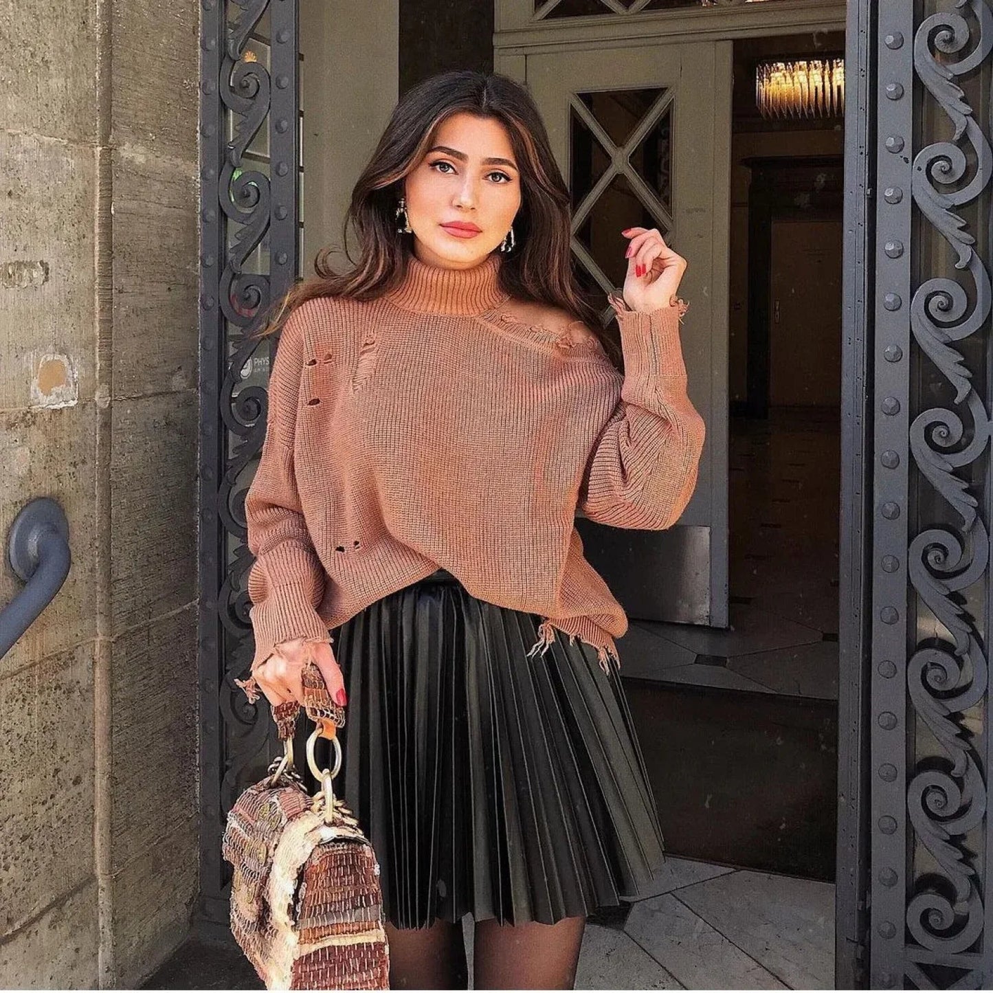 High Waist Pleated Faux Leather Skirt