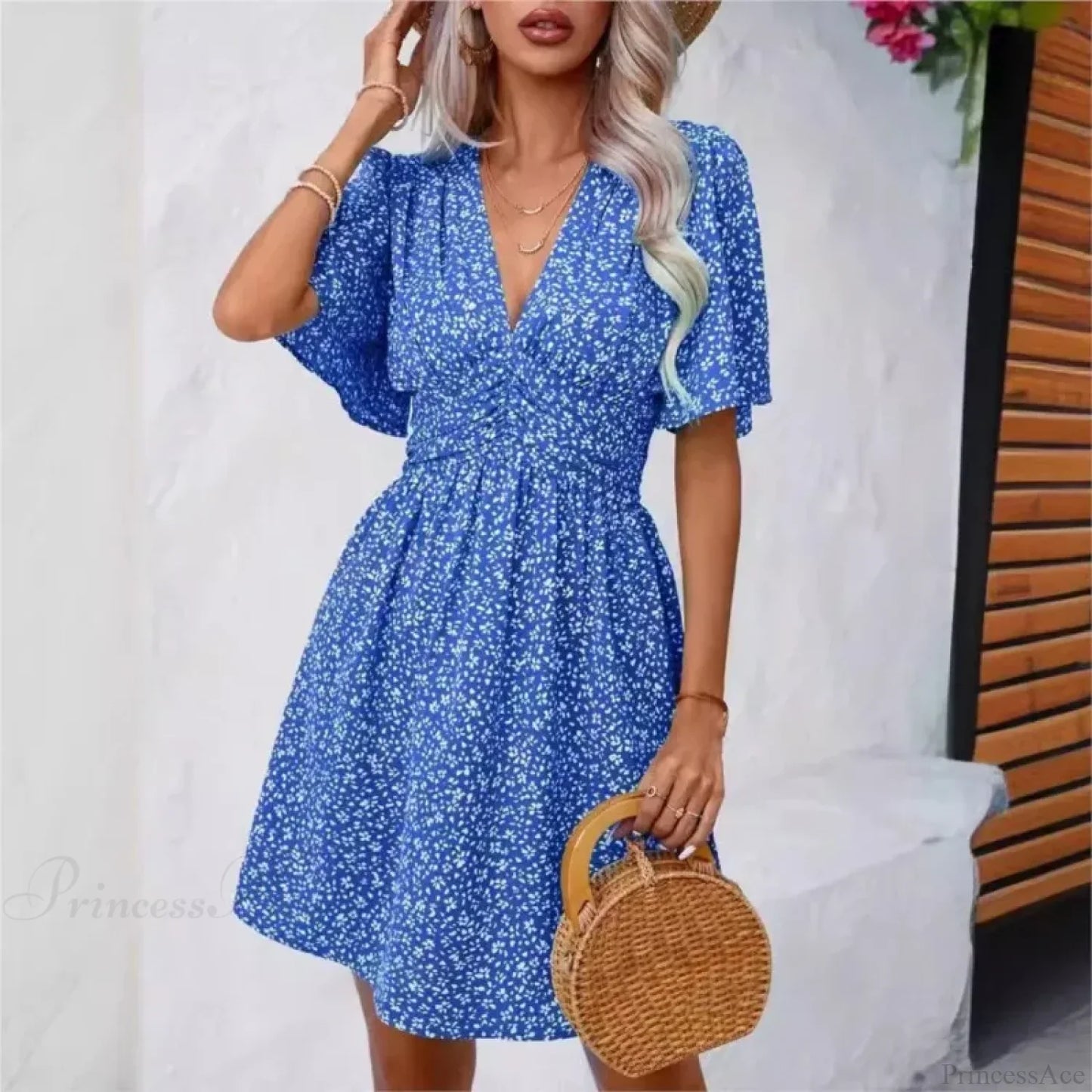 High Waisted V-neck Pleated Floral Dress