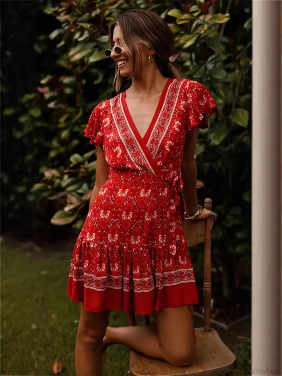 Hippie Floral Print Sashes Boho Dress