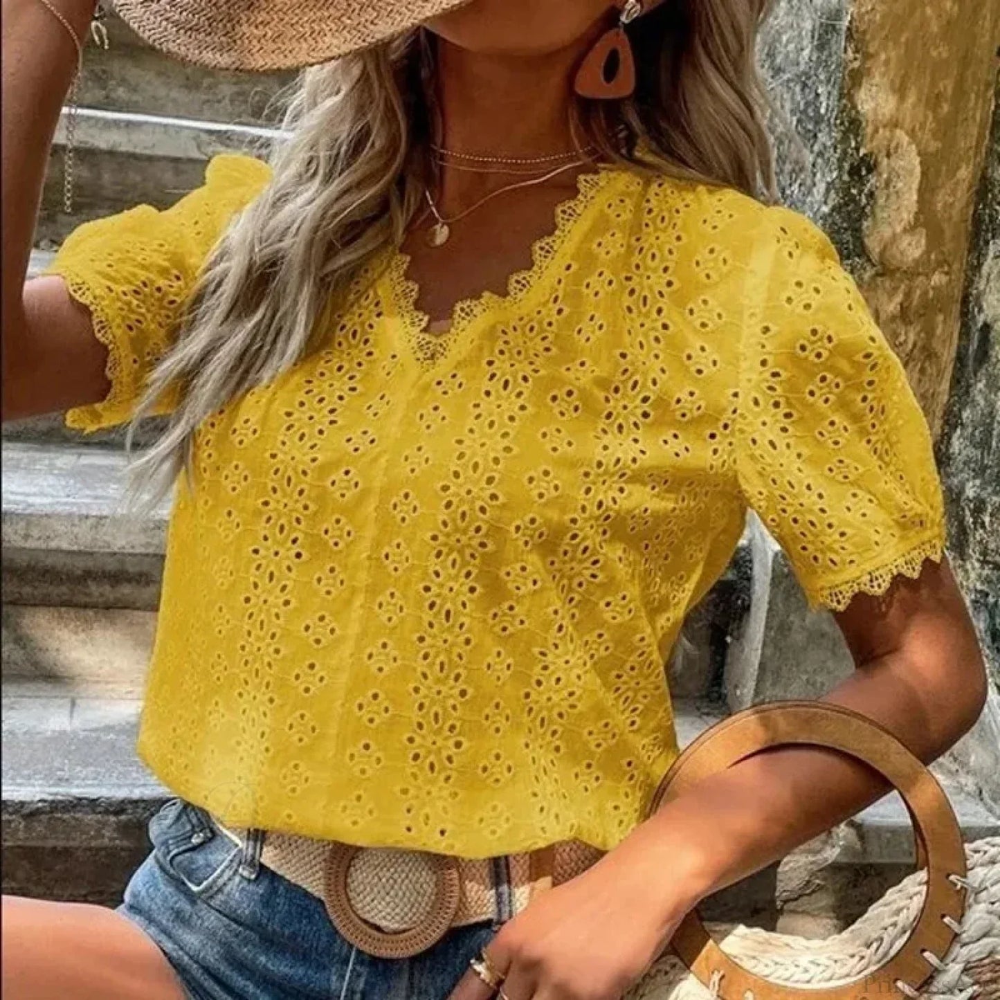 Hollow Lace Puff Sleeve V-neck Pullover Blouse