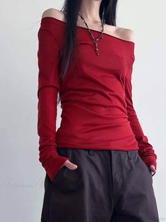Hollow Out Bandage Slim Backless Slash Neck Long Sleeve Knit Top