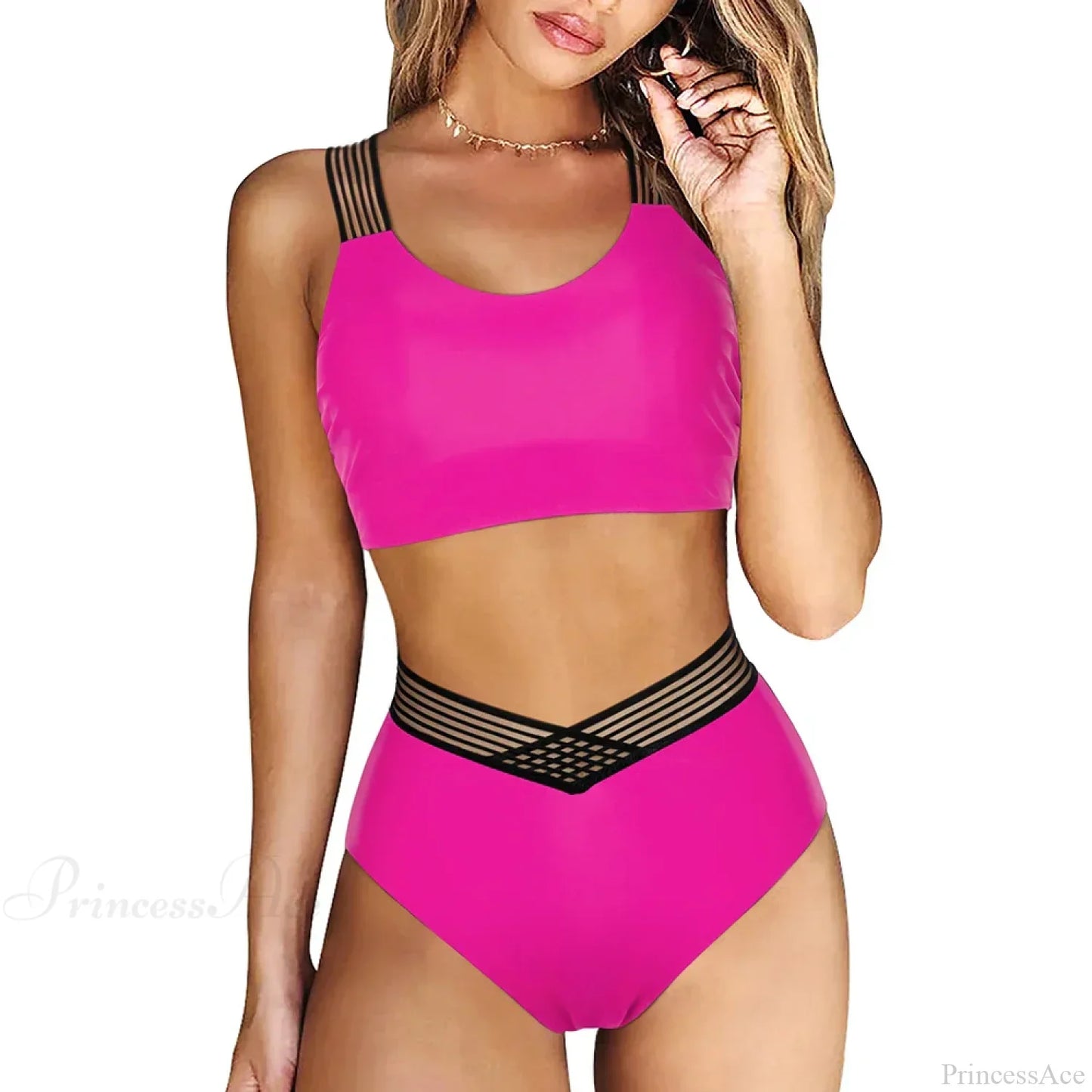 Hollow Solid Color High Waist Two Piece Set