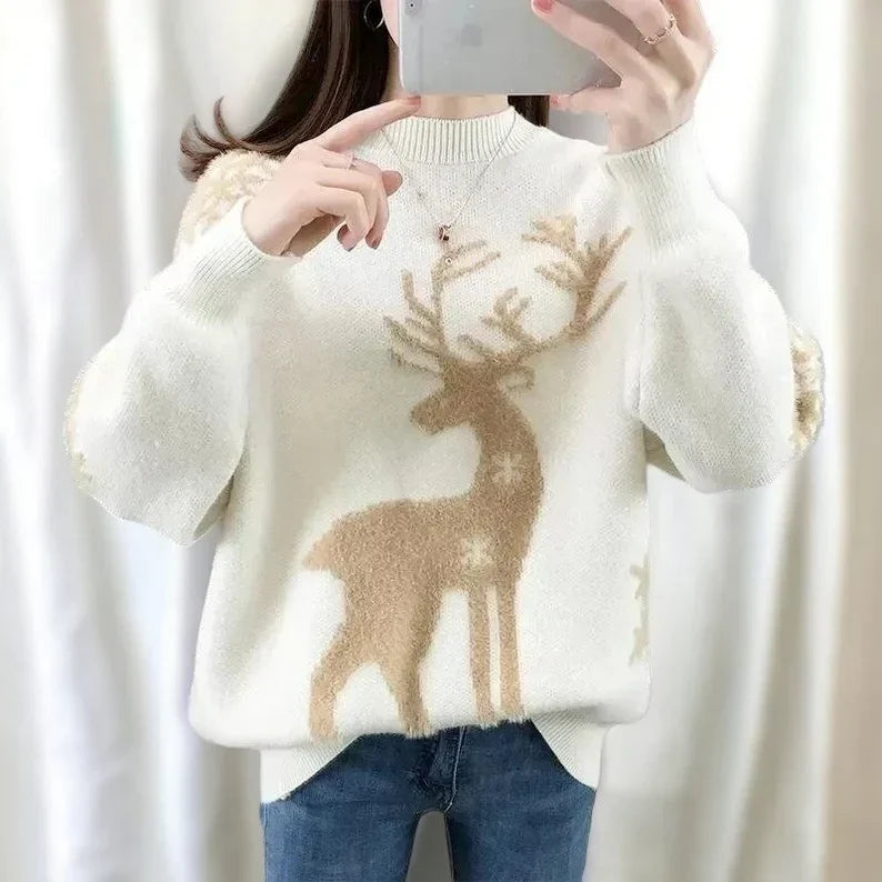 Agnieszka | Women's warm knitted sweater with a deer and snowflake pattern and a crew neck