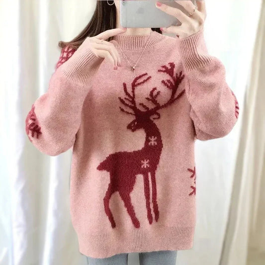 Agnieszka | Women's warm knitted sweater with a deer and snowflake pattern and a crew neck
