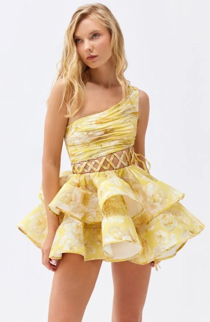 Aurora® | Floral-Print One-Shoulder Chiffon Mini Dress