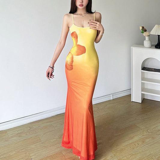 Gradient-Colored Flower-Patterned Fishnet Dress
