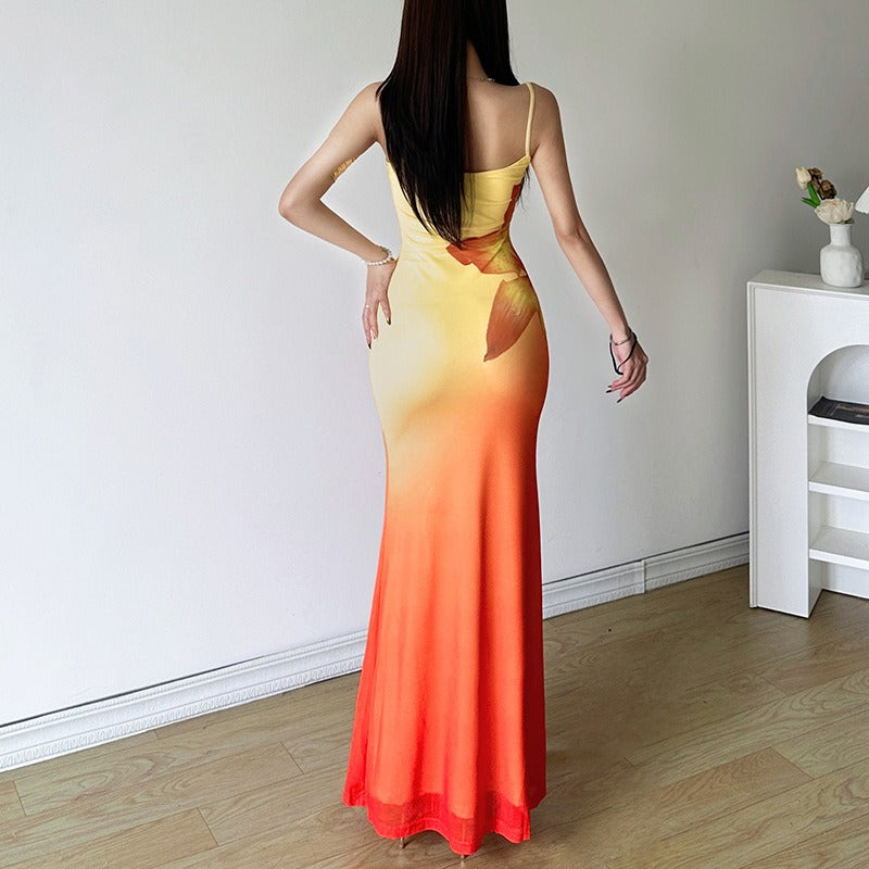 Gradient-Colored Flower-Patterned Fishnet Dress