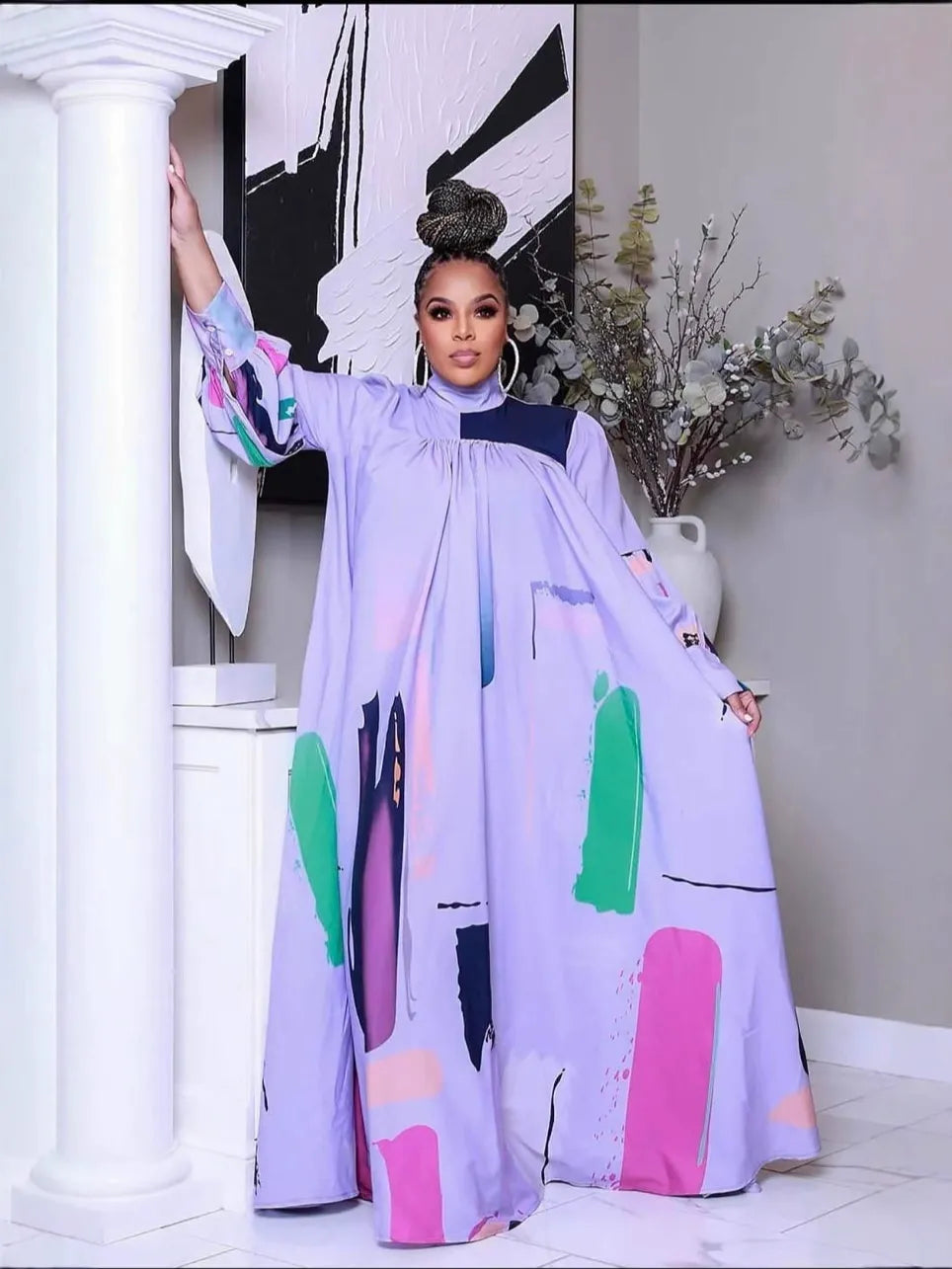 Artistic Nature Satin Unique Print Contrast Slit Relaxed Vacation Maxi Dress