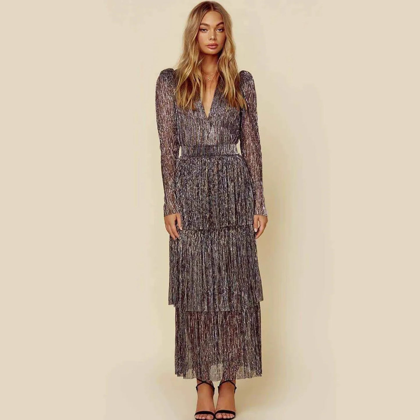 Christmas Elegant Sequin Long Sleeve V Neck Midi Dress