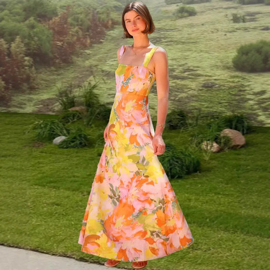 Del Mare Floral Puff Sleeve Front Cutout High Low Maxi Dress