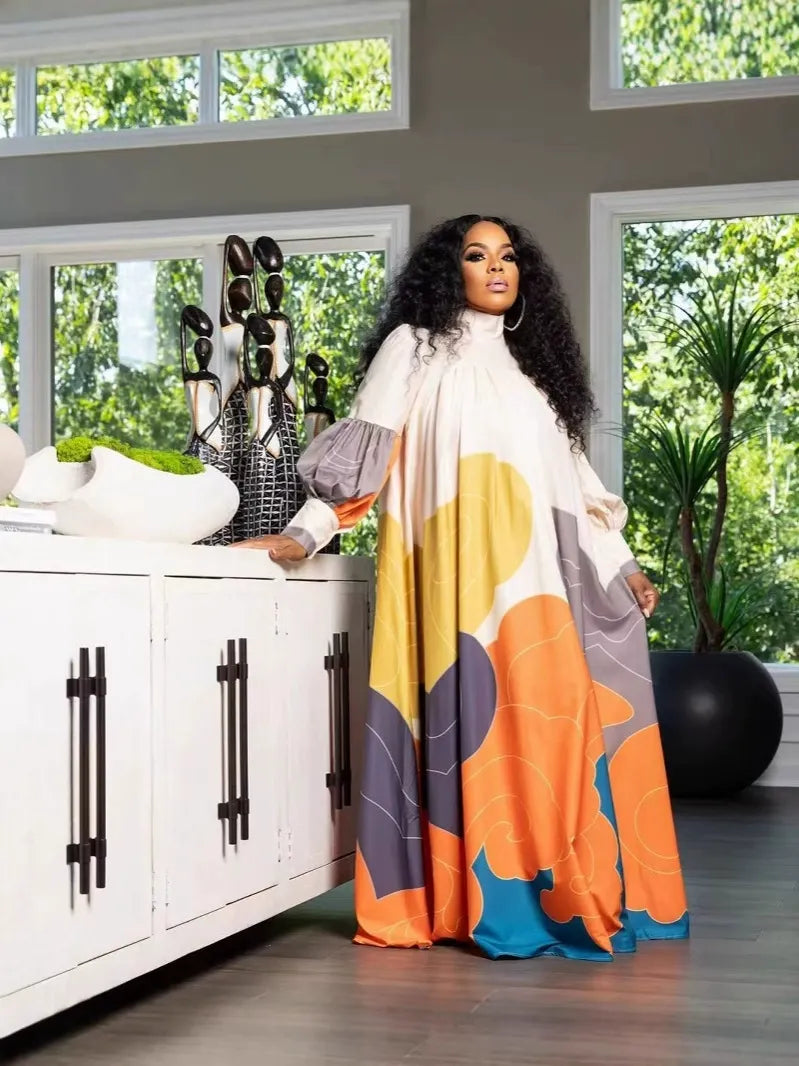 Artistic Nature Satin Unique Print Contrast Slit Relaxed Vacation Maxi Dress