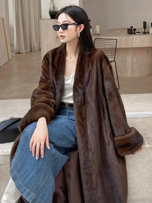 Imitation Mink Lapel Full Sleeve Overcoat