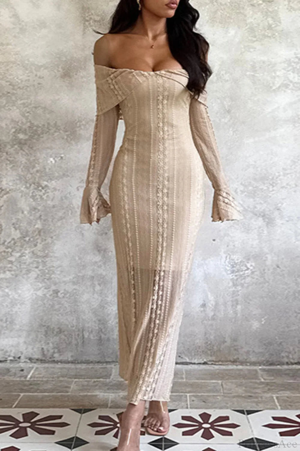 Jacquard Waist Cinched Off Shoulder Bodycon Maxi Dress