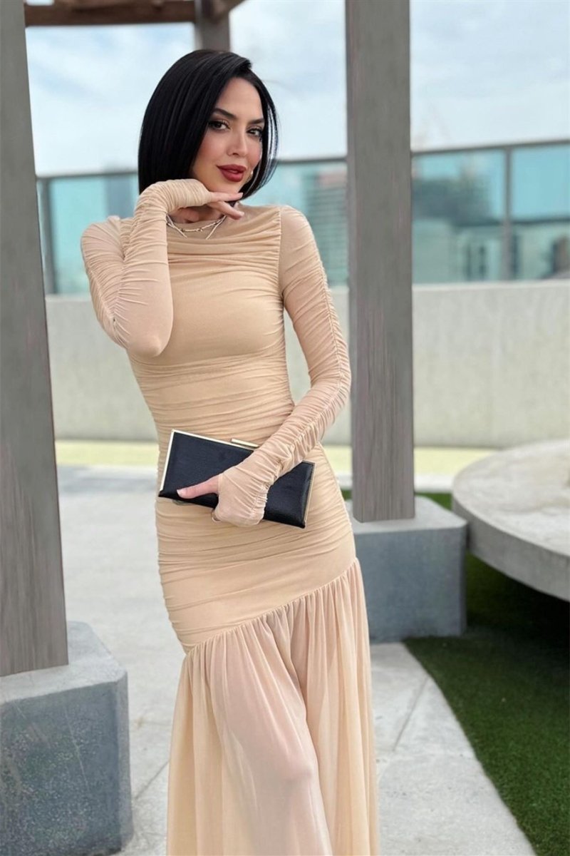 Irene® | Long-Sleeved Pleated Mesh Maxi Dress