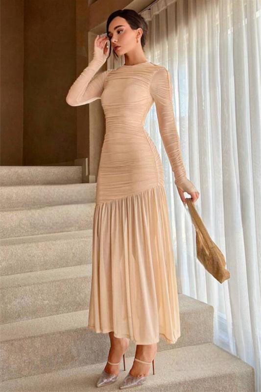 Irene® | Long-Sleeved Pleated Mesh Maxi Dress