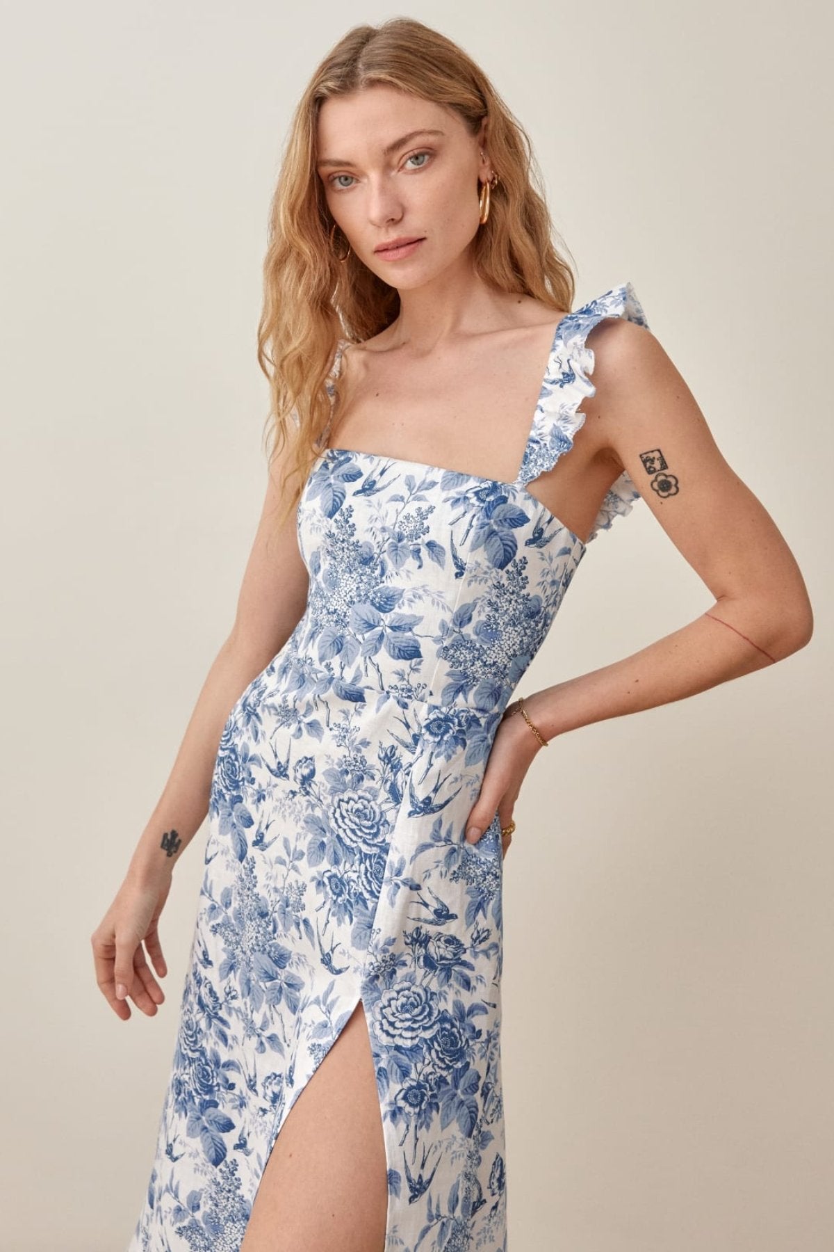 Xara® | Printed Midi Dress With Ruffle Straps And Slit