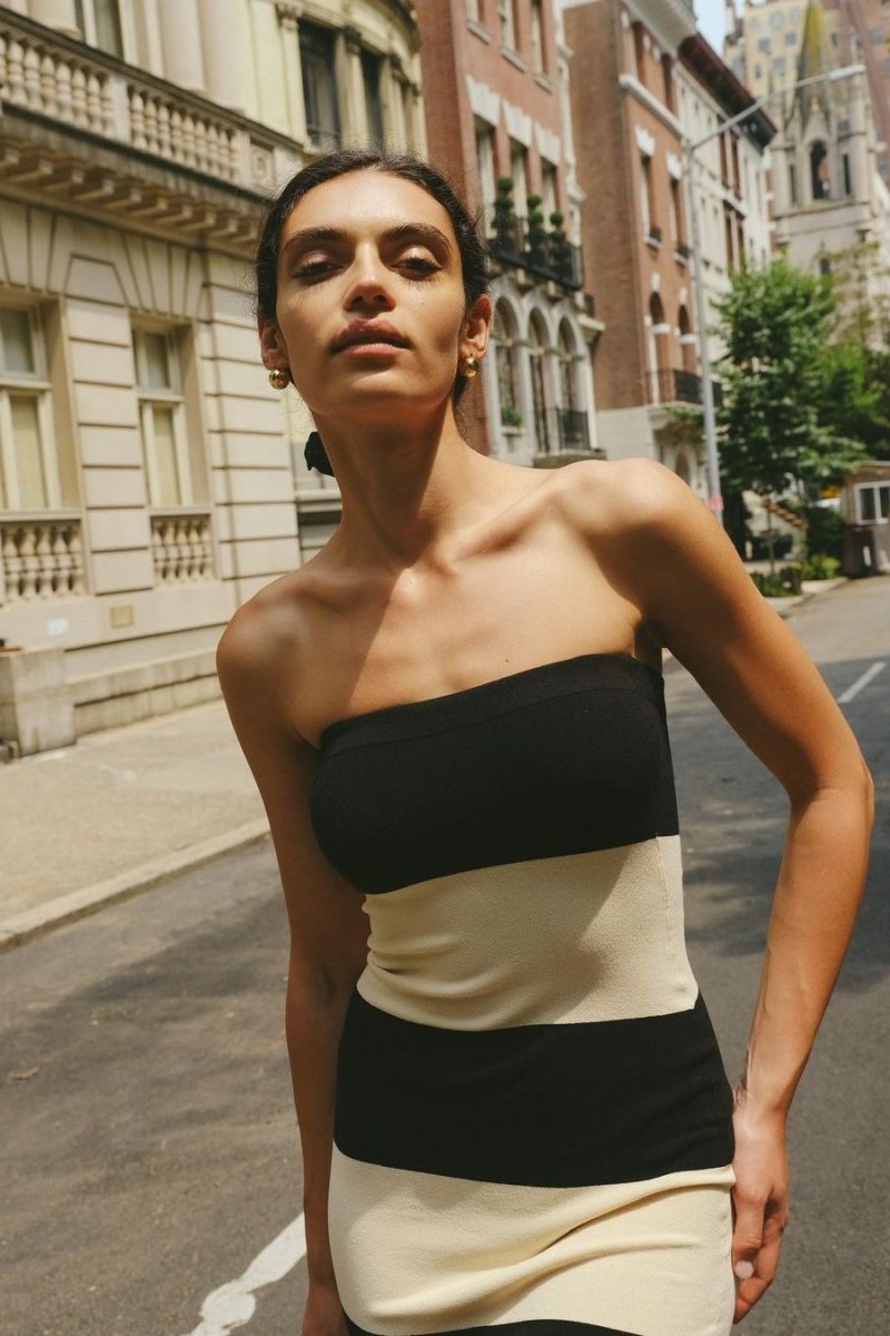 Yvonne® | Strapless Striped Midi Knit Dress