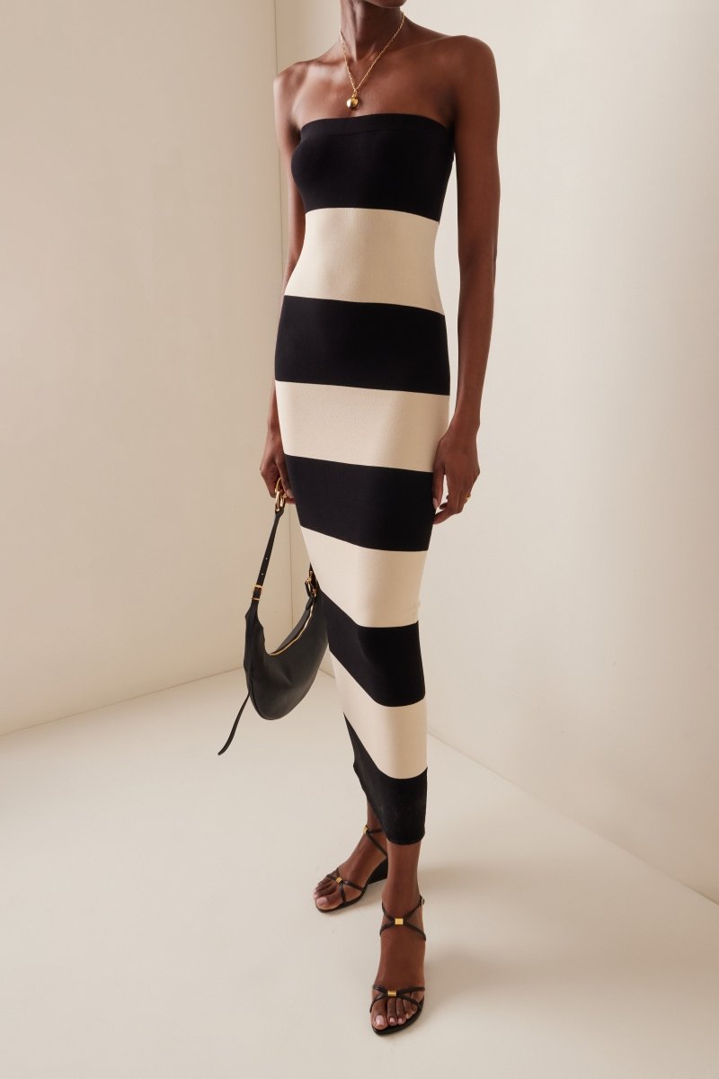 Yvonne® | Strapless Striped Midi Knit Dress