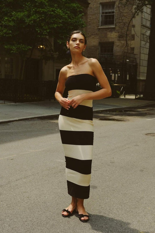 Yvonne® | Strapless Striped Midi Knit Dress