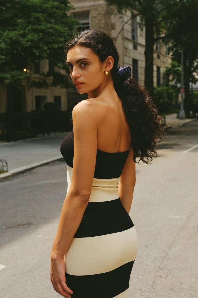 Yvonne® | Strapless Striped Midi Knit Dress